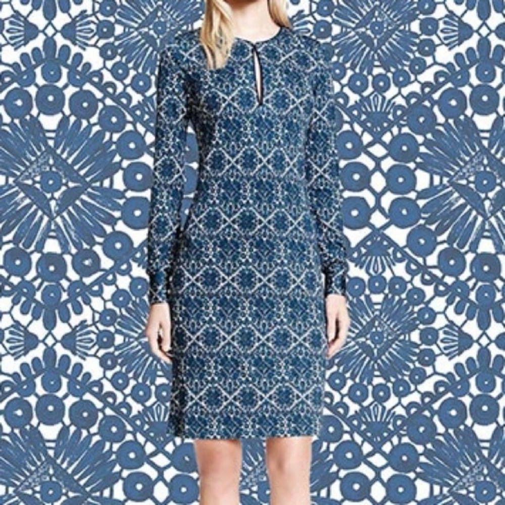 Tory Burch Walker Sheath Dress Size XS 100% Silk Stretch Jersey Blue Long Sleeve